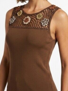 J.A.C. Brown Knit Tank Top Medium Crochet Floral Lace Mesh Y2K Boho Fitted Top